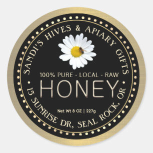 PURE LOCAL RAW HONEY black gold with daisy & bee Classic Round Sticker