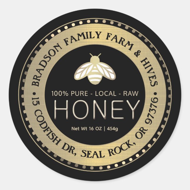 PURE LOCAL RAW HONEY label with stylised gold bee (Front)