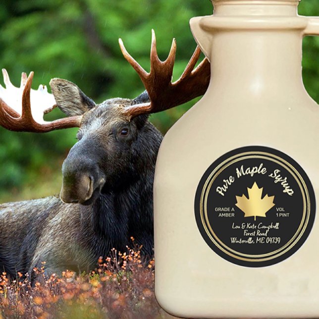 Pure Maple Syrup Gold Maple Leaf on Black Classic Round Sticker (Creator Uploaded)