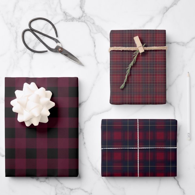 Pure Plaid Buffalo Checks Red Black Traditional  Wrapping Paper Sheet (Front)