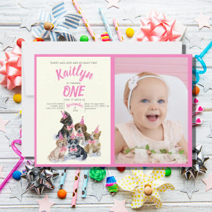 Pure Puppy Dogs Theme First Birthday Party Photo Invitation