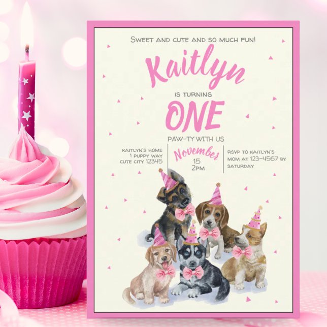 Pure Puppy 🐶 Themed Girls Pink Birthday Party Invitation (Pure Puppy | Themed Girls Pink Birthday Party Invitation)