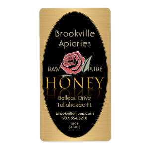 Pure Raw Honey Label Black Gold Border Rose Flower