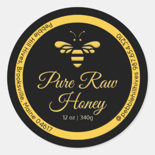 Pure Raw Honey Label Yellow Honeybee on Black