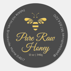 Pure Raw Honey Label Yellow Honeybee on Charcoal