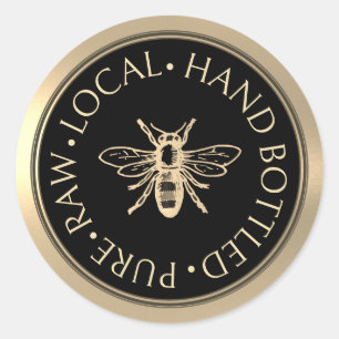 Pure Raw Local Hand Bottled Honey Gold Black Bee Classic Round Sticker
