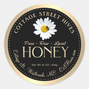 Pure Raw Local Honey Daisy Bee Black Gold Border Classic Round Sticker