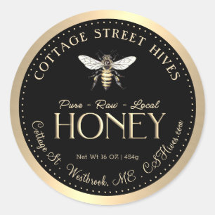 Pure Raw Local Honey Queen Bee Black Gold Border Classic Round Sticker