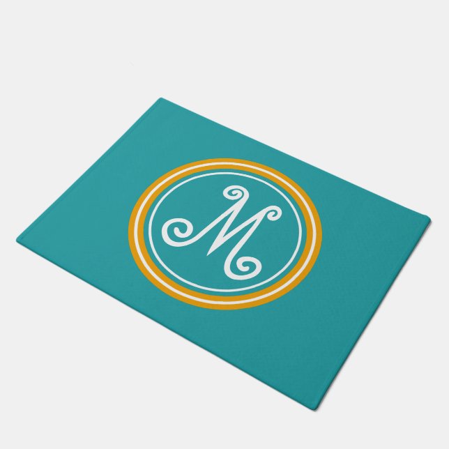 Pure Turquoise and Harvest Pumpkin Monogram Doormat (Angled)