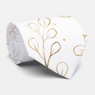Pure White & Gold Outline Eucalyptus Wedding Tie