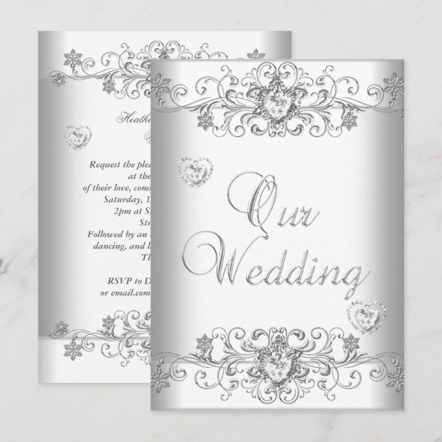 Pure White Wedding Silver Diamond Hearts Invitation (Front/Back)