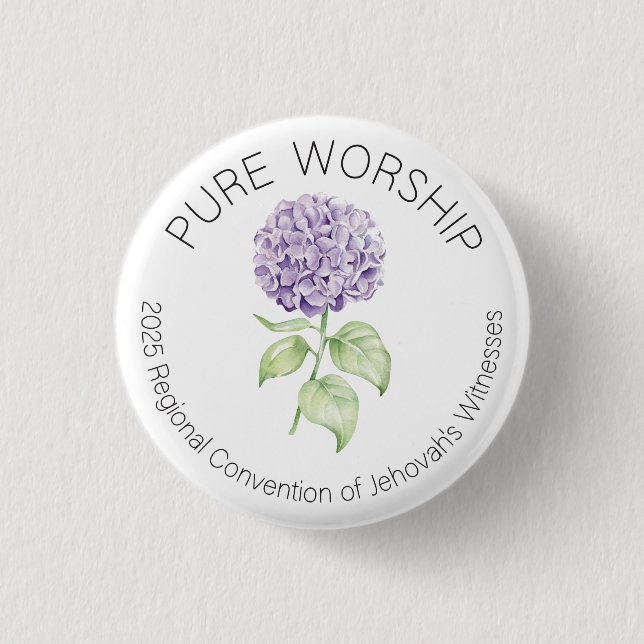 Pure Worship 2025 Round Convention Pin w Hydrangea (Front)