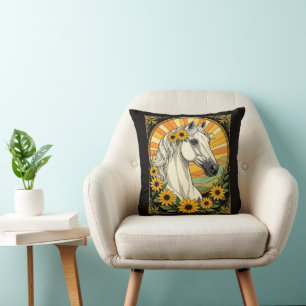 Purebred Horse And Black Eyed Susan Flowers Cushion