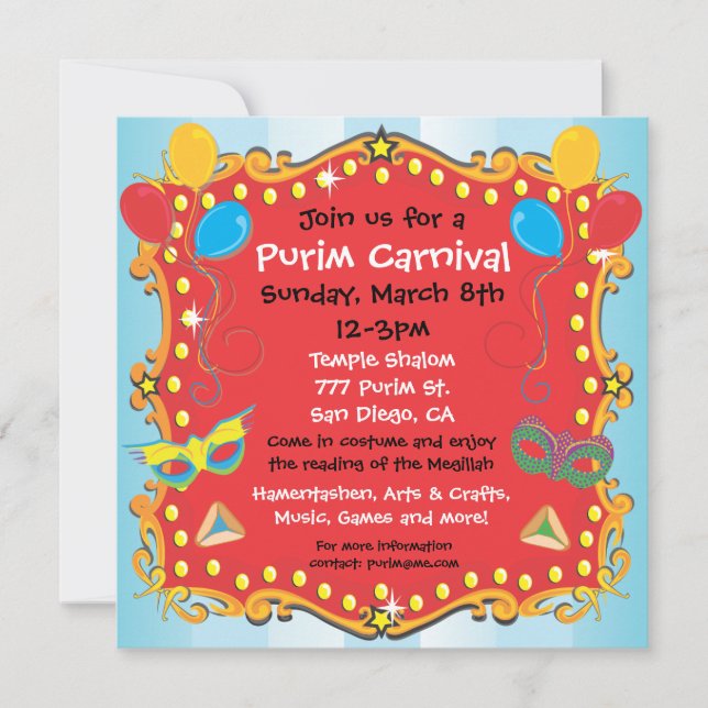 Purim Carnival Party Invitation Poster (Front)