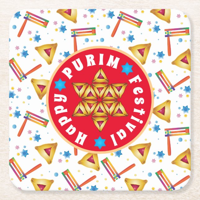 Purim Festival Jewish Holiday Gifts Hamantaschen Square Paper Coaster (Front)