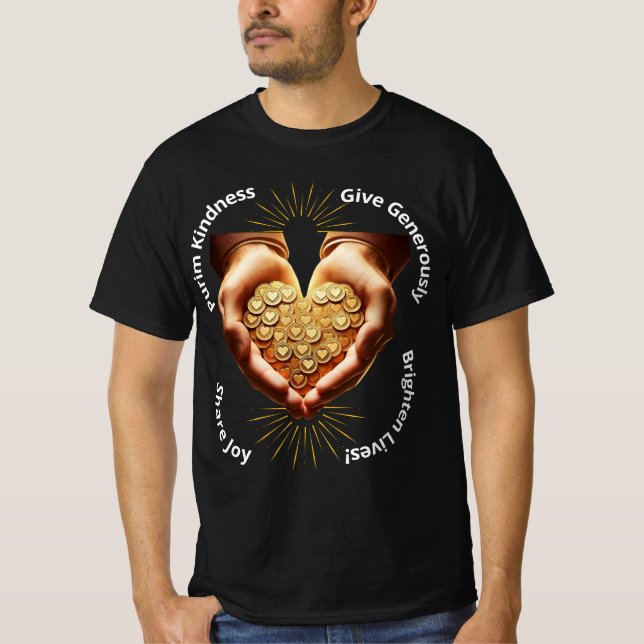 Purim Kindness: Give Generously, Share Joy, Bright T-Shirt (Front)