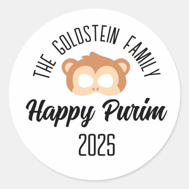 Purim monkey mask masquerade costume classic round sticker (Front)