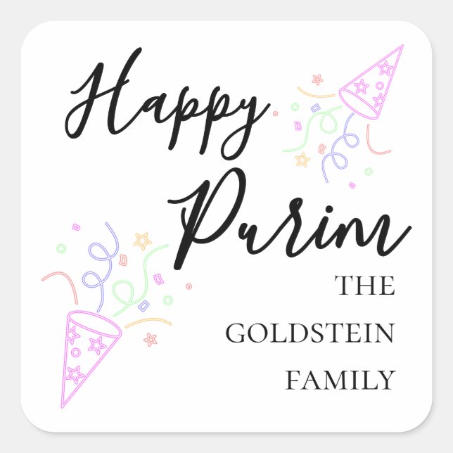 Purim Neon Party Hat Mishloach Manot Name Square Sticker (Front)