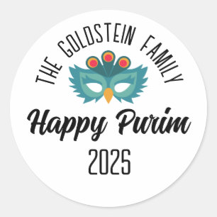 Purim owl mask masquerade costume Family Name Classic Round Sticker