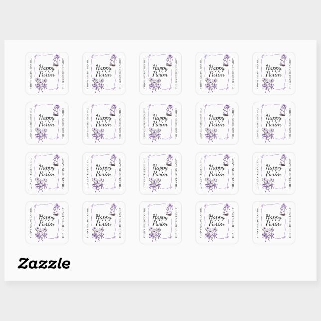 Purim Purple Bows Part Hat Drinks Mishloach Manot  Square Sticker (Sheet)