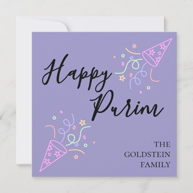 Purim Purple Neon Party Hat Mishloach Manot Name Holiday Card (Front)