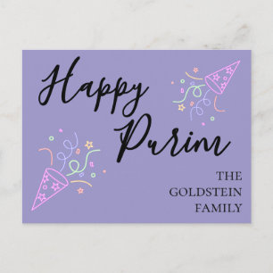 Purim Purple Neon Party Hat Mishloach Manot Name Postcard