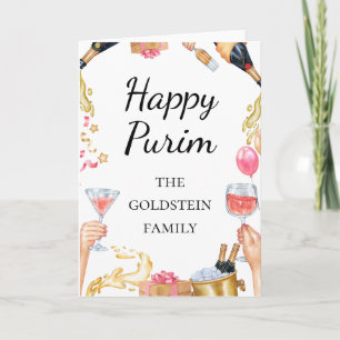 Purim Red Wine Champaign Drinks Mishloach Manot Holiday Card
