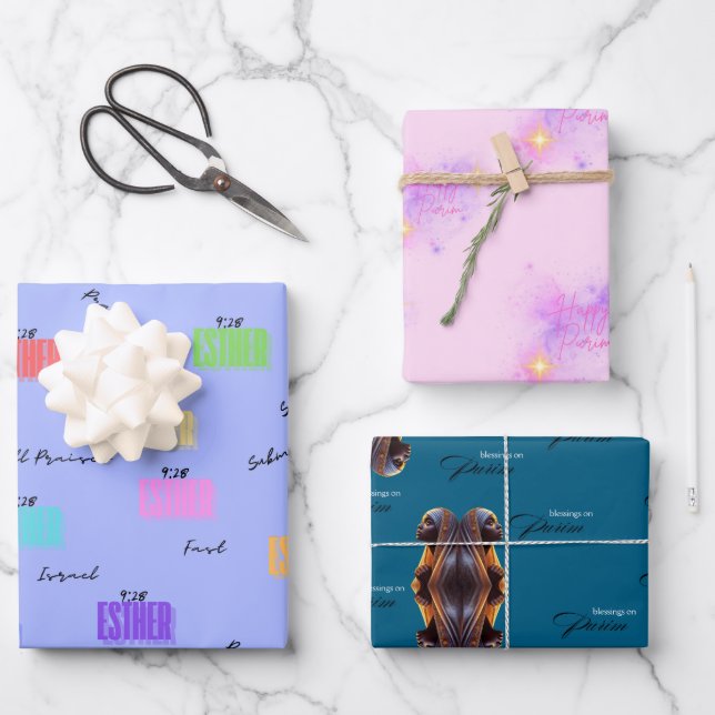 Purim Wrapping Paper Flat Sheet Set of 3 (Front)