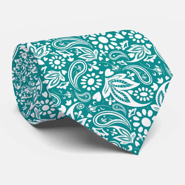 Purist Blue and White Romantic Paisley Pattern Tie (Rolled)