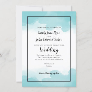 Purist Blue Teal Watercolors Line Border Wedding Invitation