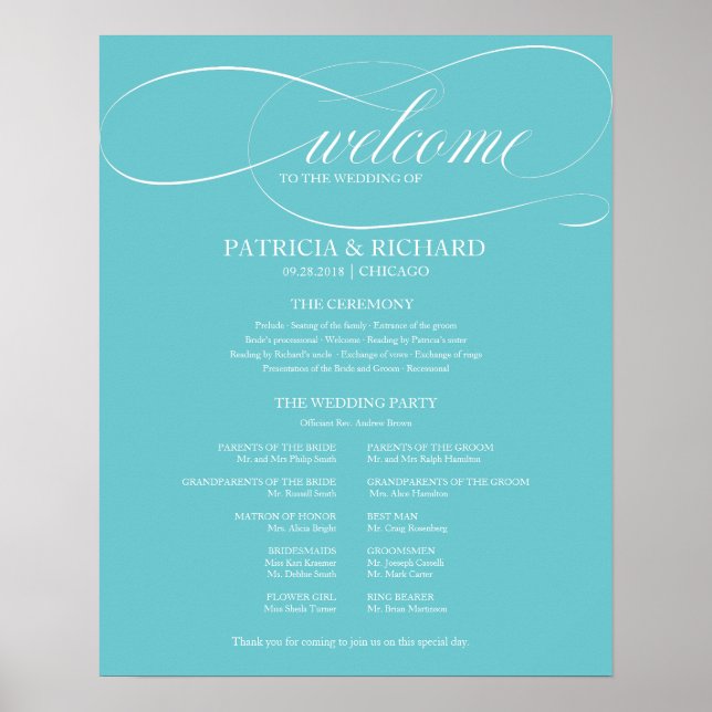 Purist Blue Wedding Ceremony Program Board Poster (Front)