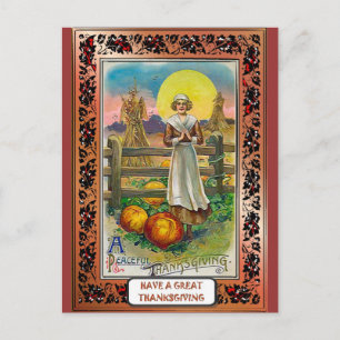 Puritan and pumpkins holiday postcard