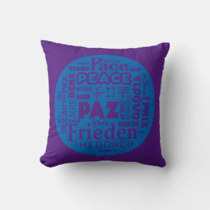 Purp blue throw cushion / peace in multi languages
