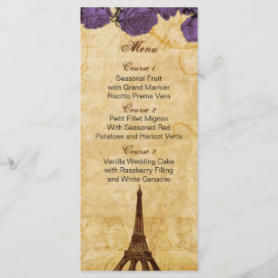 purp vintage eiffel tower Paris wedding menu cards