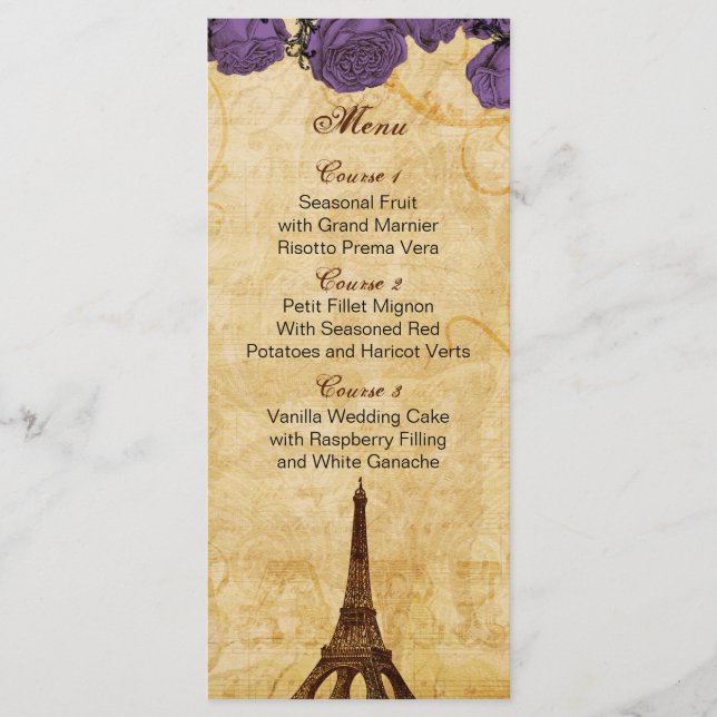 purp vintage eiffel tower Paris wedding menu cards (Front)