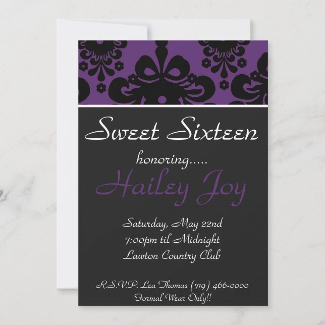 purpblack copy, Sweet Sixteen, honouring....., H.. Invitation (Front)