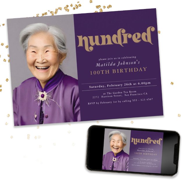 Purple 100th Birthday Party Invitation (Purple 100th Birthday Party Invitation)