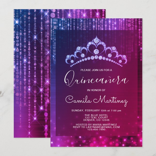 Purple 15th Birthday Quinceanera with Tiara Invitation (Front/Back)