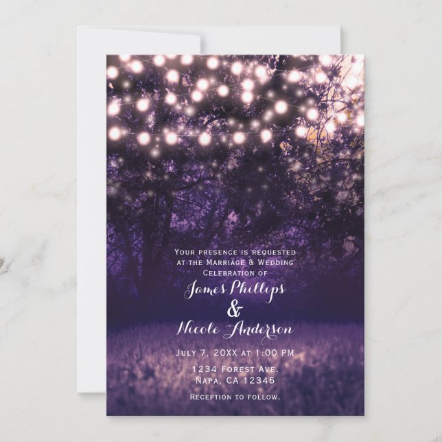Purple 2 Dusk Forest String Lights Rustic Wedding Invitation (Front)