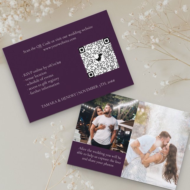 Purple 2 Photo Online RSVP QR Code Wedding Enclosure Card (Creator Uploaded)