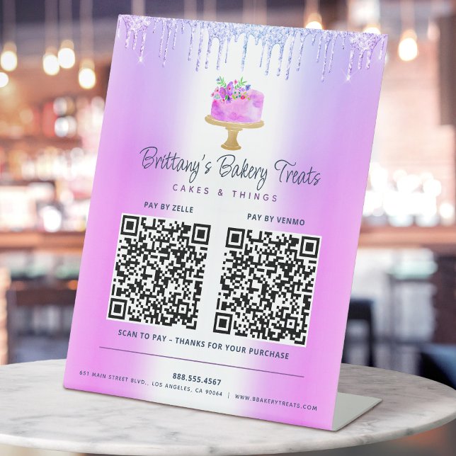 Purple 2 QR Code Pay Here Cake Bakery Glitter Drip Pedestal Sign (Creator Uploaded)