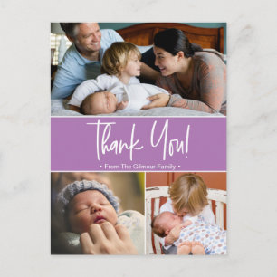 Purple 2nd baby birth photo collage announcement postcard