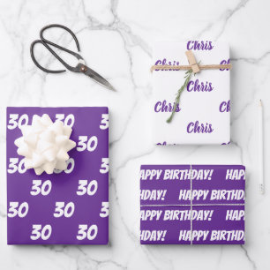 Purple 30th Happy Birthday Custom Name Wrapping Paper Sheet