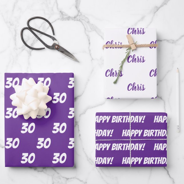Purple 30th Happy Birthday Custom Name Wrapping Paper Sheet (Front)