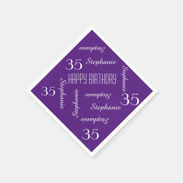 Purple 35th Birthday Party Repeating Names Paper Napkin (Corner)
