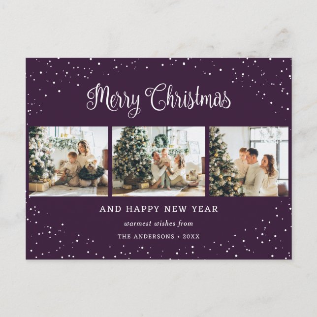 Purple 3 Photo Collage Snow Minimalist Holiday Postcard (Front)