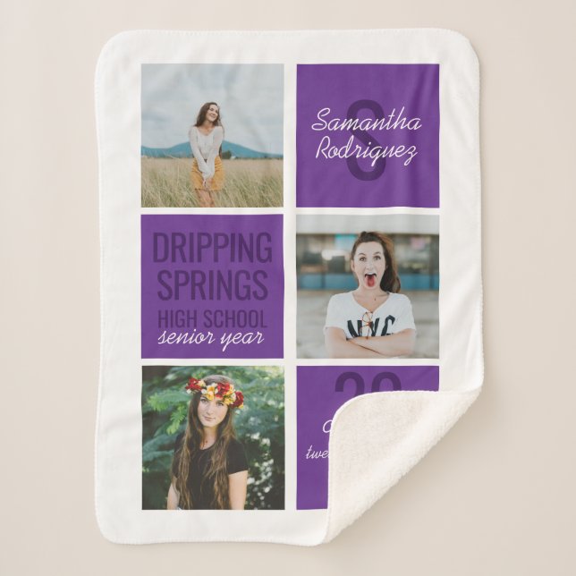 Purple 3-Photo Fun Boxes Class Year Sherpa Blanket (Front)