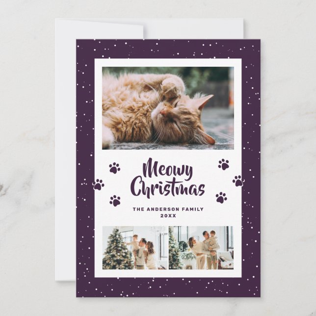 Purple 3 Photo Snow Paws Meowy Christmas Card (Front)