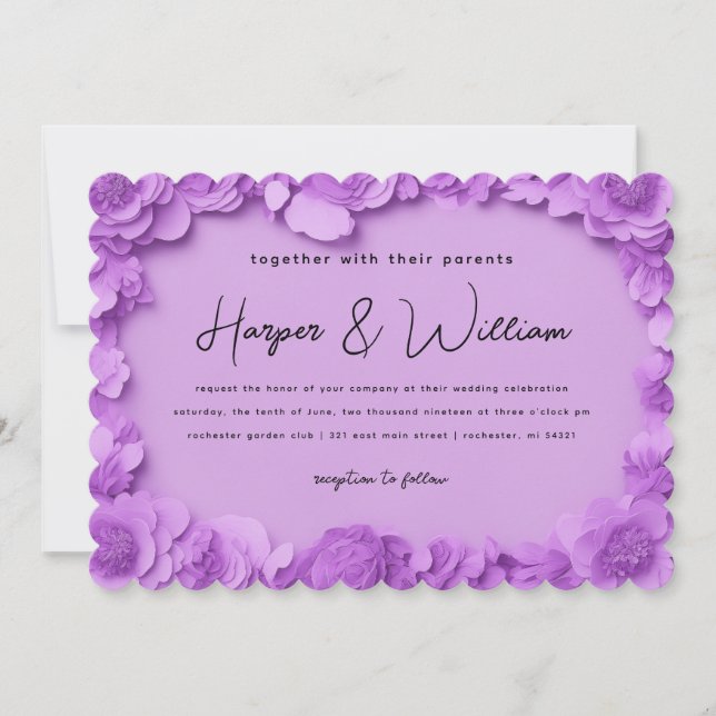 Purple 3d papercut flowers wedding invitation (Front)