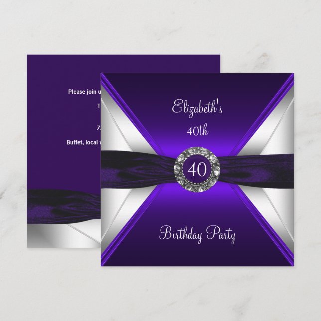 Purple 40th Birthday Diamond White Silver Party Invitation (Front/Back)